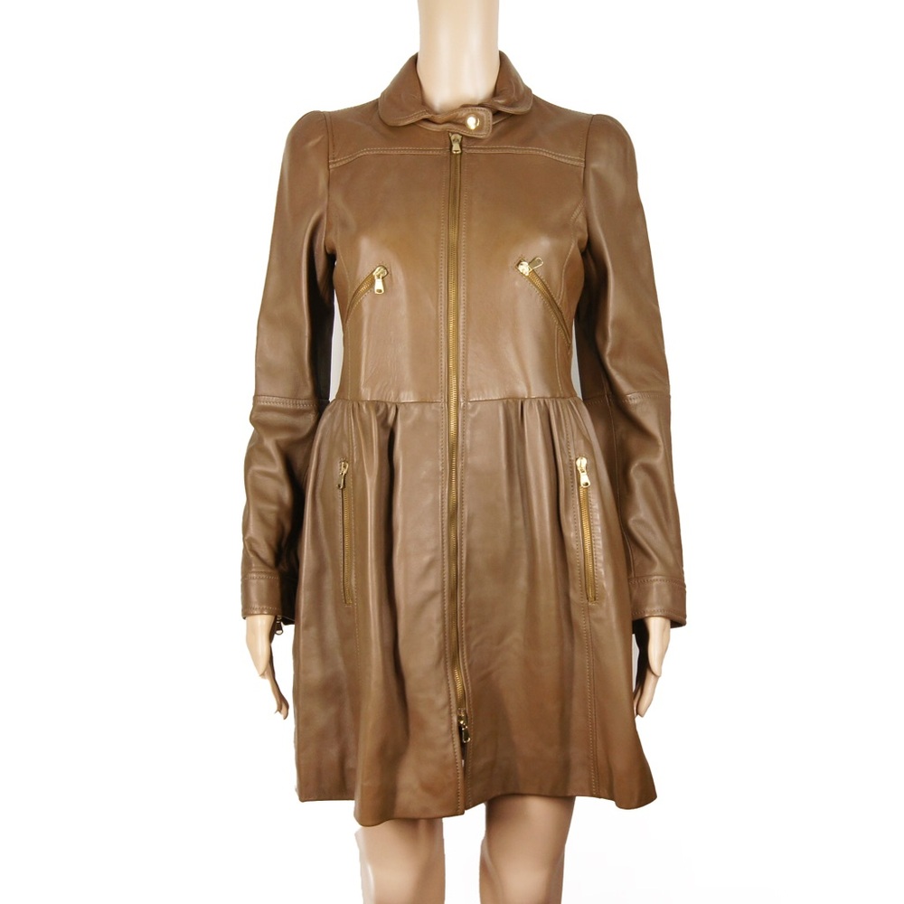 Red Valentino Tan Brown Taupe Beige Lambskin Leather Jacket Trench Coat